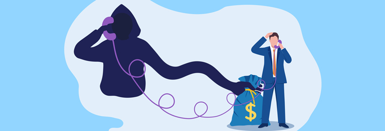 An illustrative image showing a person on a phone call with an anonymous individual, who is depicted as covertly stealing money from the caller.